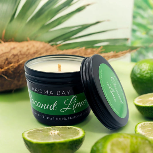 Coconut and lime soy candle in black travel tin tropical scented handmade candle with zesty citrus and creamy coconut notes