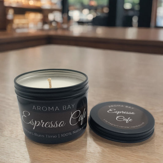 Hand poured coffee fragrance candle in sleek black tin bold roasted coffee bean scent, vegan and travel friendly