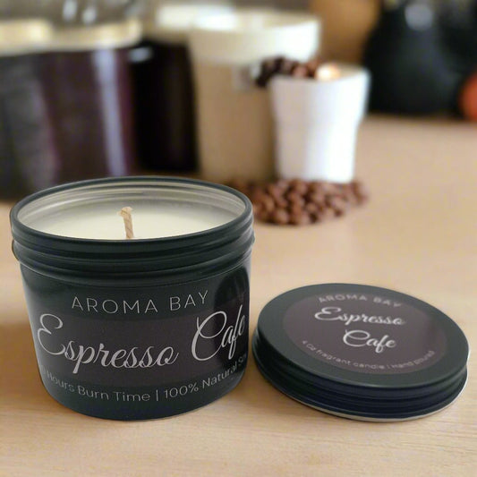 Coffee scented soy candle in black travel tin rich espresso aroma, handmade eco candle for home, office, or gift