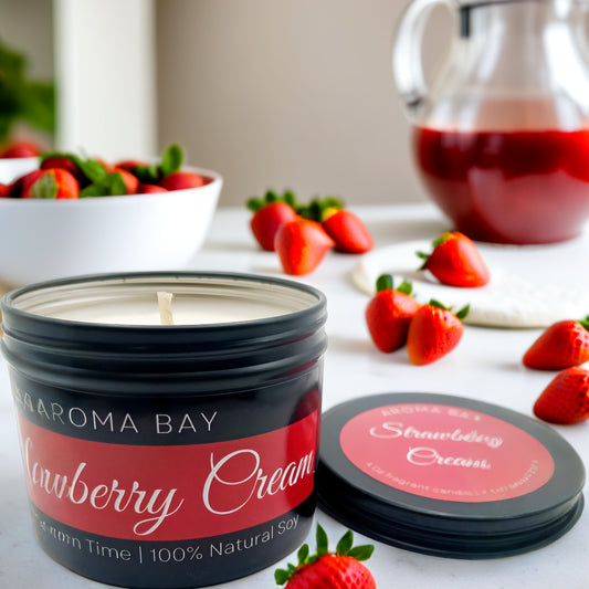 Strawberry and cream scented soy candle in black travel tin – handmade, vegan, long-lasting fruity fragrance candle for home or travel