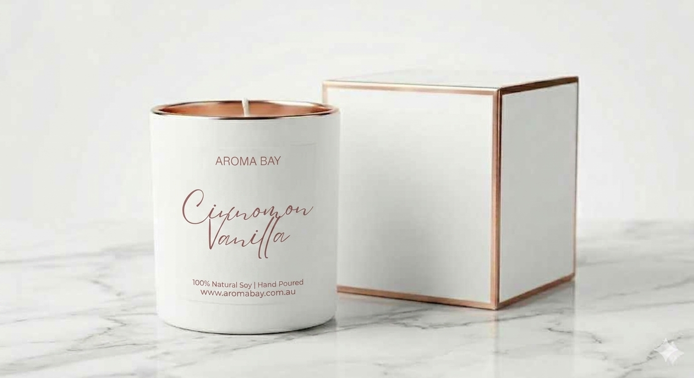 Candle with 'Aroma Bay' branding on a marble surface