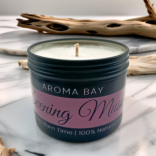 Musk soy scented candle in luxury black travel tin.