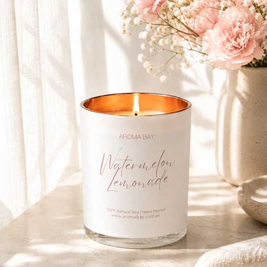 Candle with 'Aroma Day' branding and 'Watermelon Lemonade' scent on a marble surface with flowers in the background.