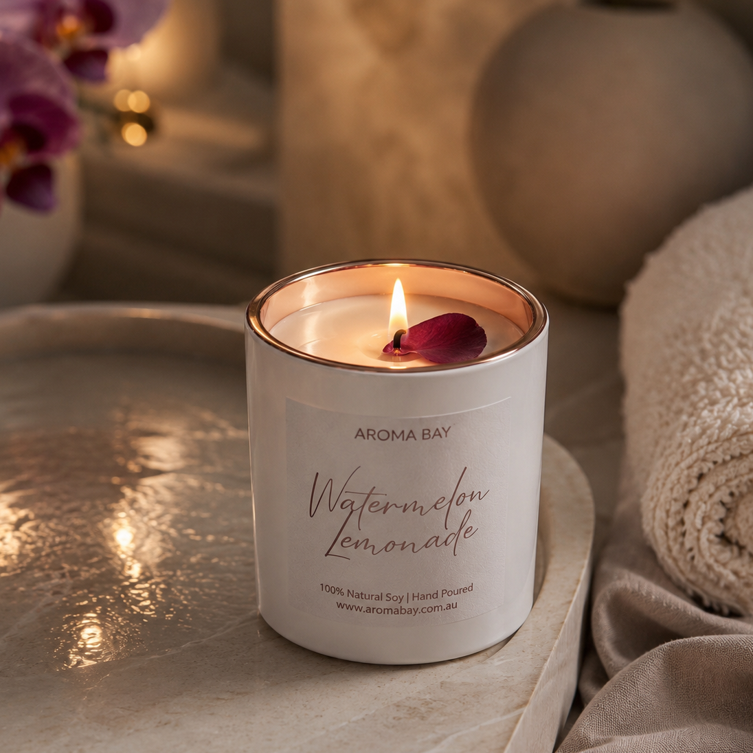 Candle with a floral design on top, labeled 'Aroma Bay Watermelon Lemonade', on a reflective surface with soft lighting.