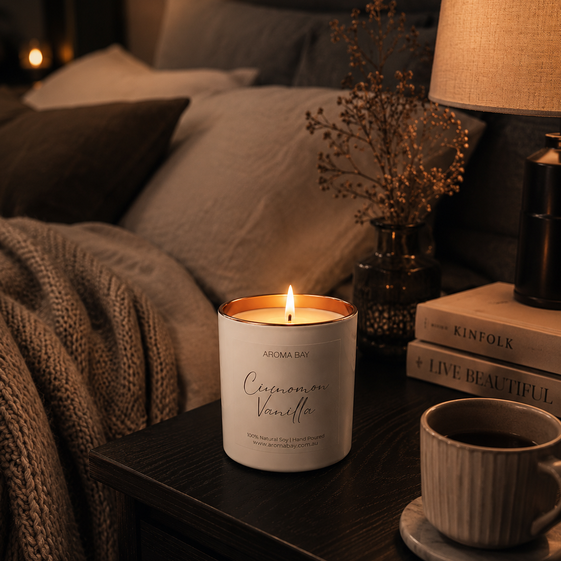 Candle and mug on a bedside table with a cozy bedroom setting