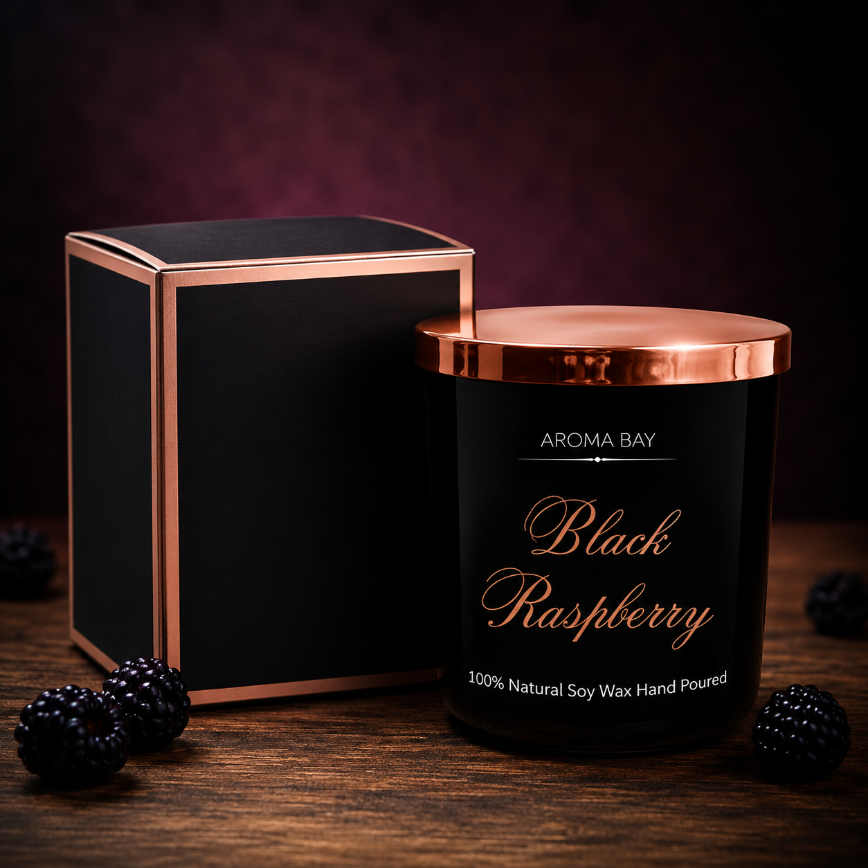 Aroma Bay Black Raspberry candle with packaging on a dark background