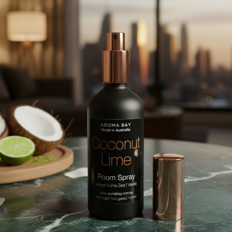 Coconut Lime room spray bottle on a marble surface with coconuts and limes in the background.
