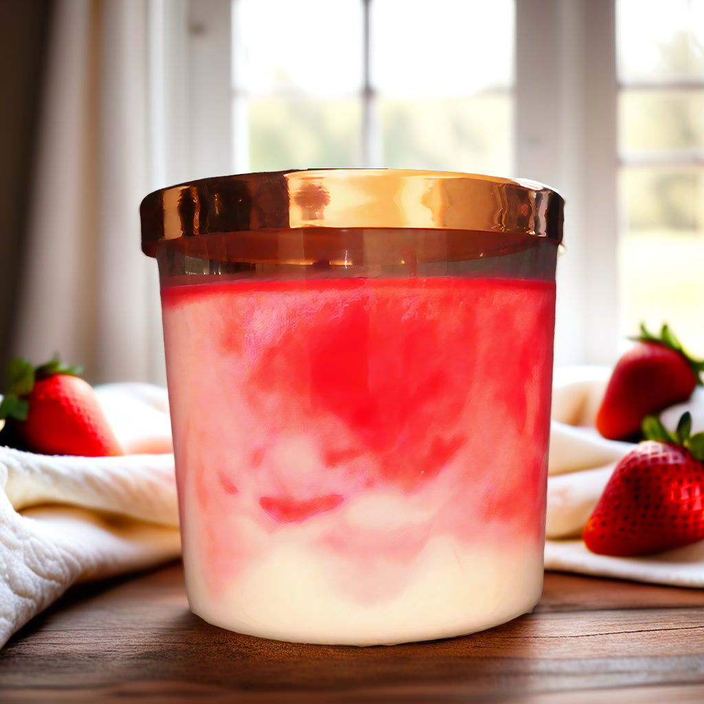 Luxury Strawberry and Cream scented marble candle in glass container with rose gold lid. 