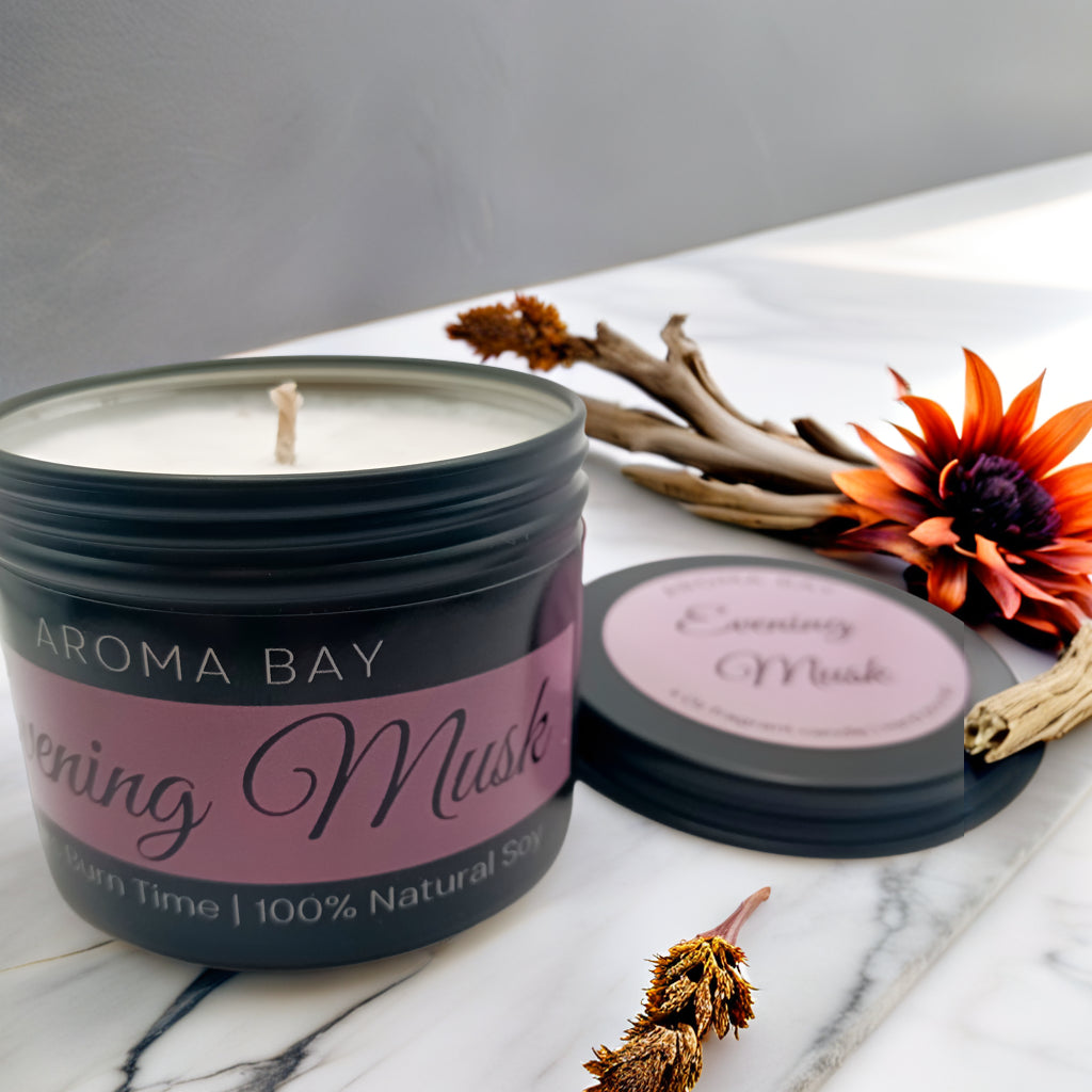 Musk scented soy candle in black travel tin rich, earthy fragrance candle for men or women, handmade and eco friendly