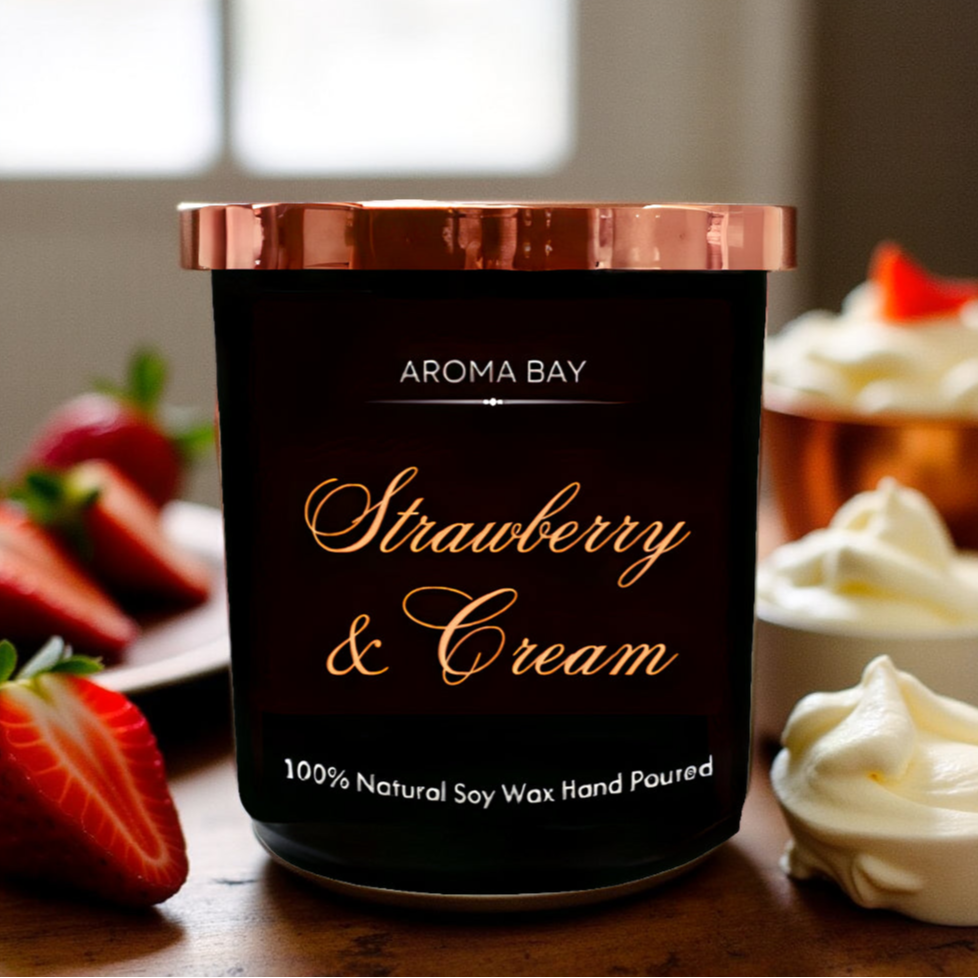 Luxury Strawberries and cream scented candle in a black glass container with gold lid. 