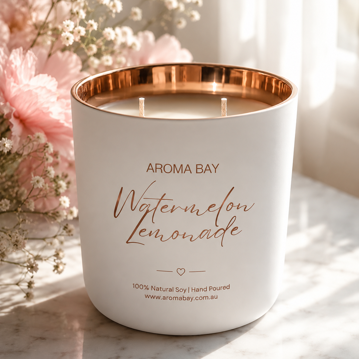 Aroma Bay Watermelon Lemonade candle with a gold interior on a marble surface with flowers in the background.