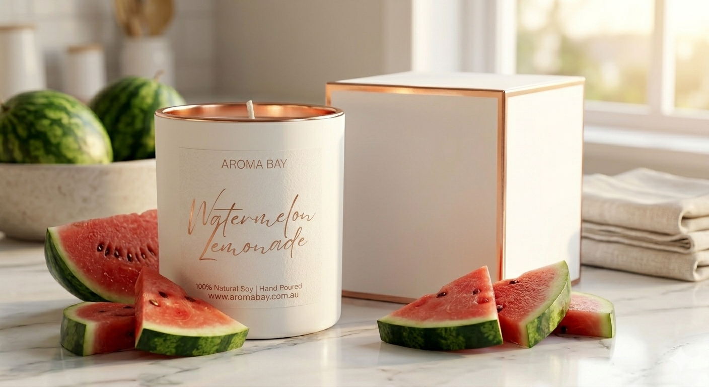 Aroma Bay watermelon lemonade candle with watermelon slices on a marble surface