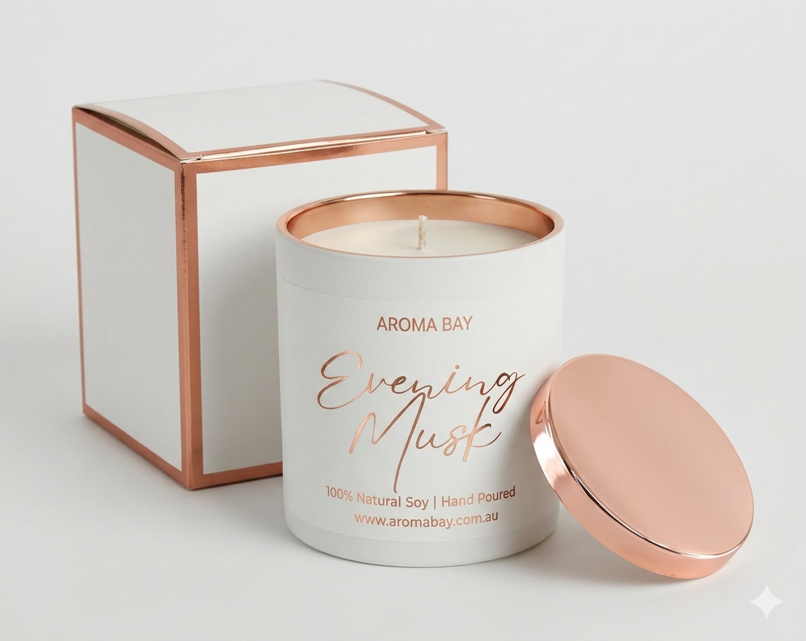 Aroma Bay candle with rose gold lid and packaging on a white background
