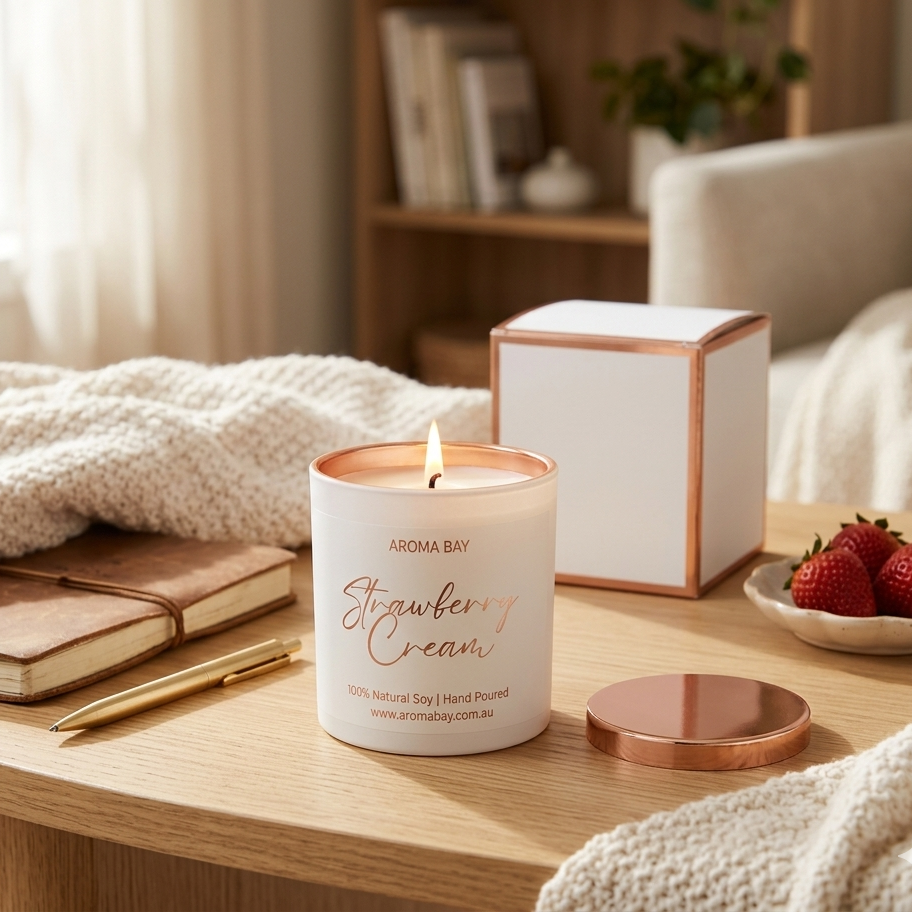 Candle labeled 'Strawberry Cream' on a wooden table with a cozy indoor setting.