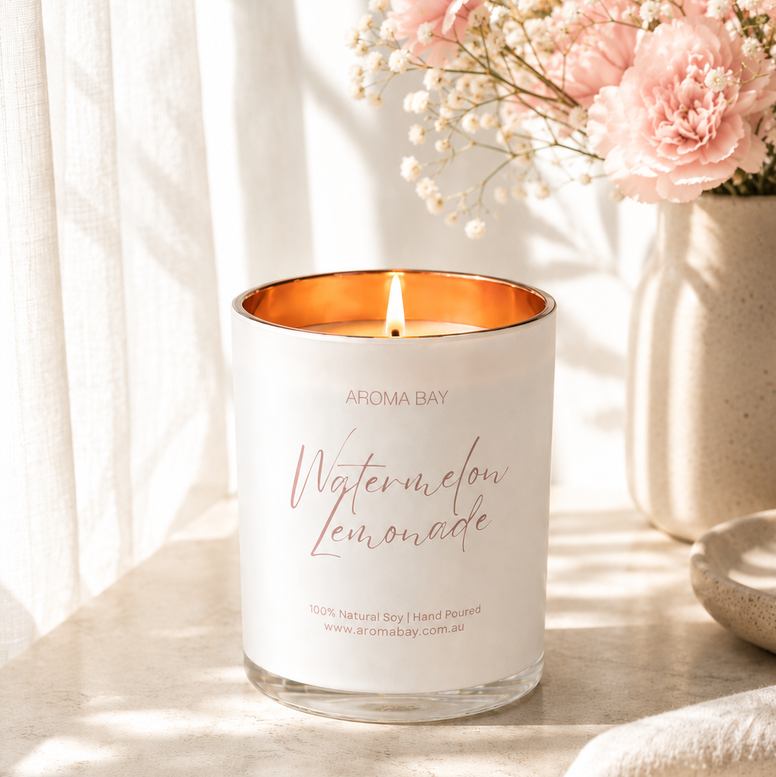 Candle with 'Aroma Day' branding and 'Watermelon Lemonade' scent on a marble surface with flowers in the background.